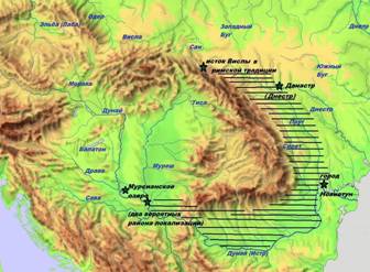 Предполагаемая страна склавинов (покрыта штриховкой), согласно сведениям греко-римских летописцев
