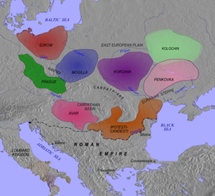 Datei:Slavic archaeological cultures, beginning of 7th century.png